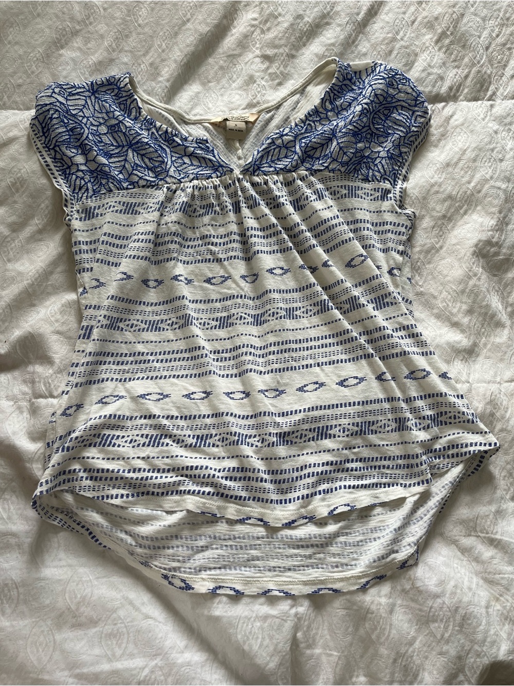 Lucky Brand White & Blue Printed Cap Sleeve Women's Top size small